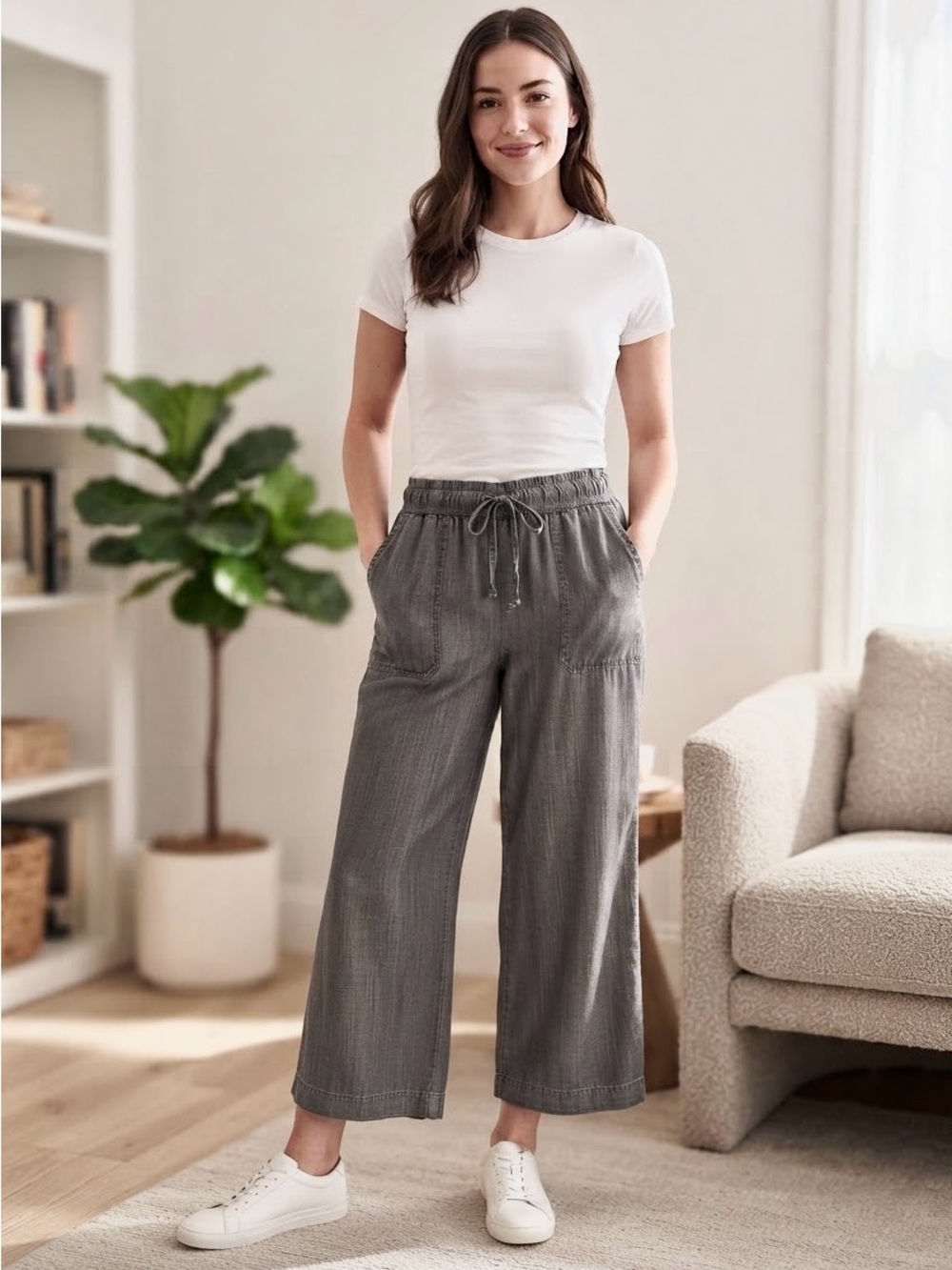 Splendid Gray Wide-Leg Drawstring Jeans